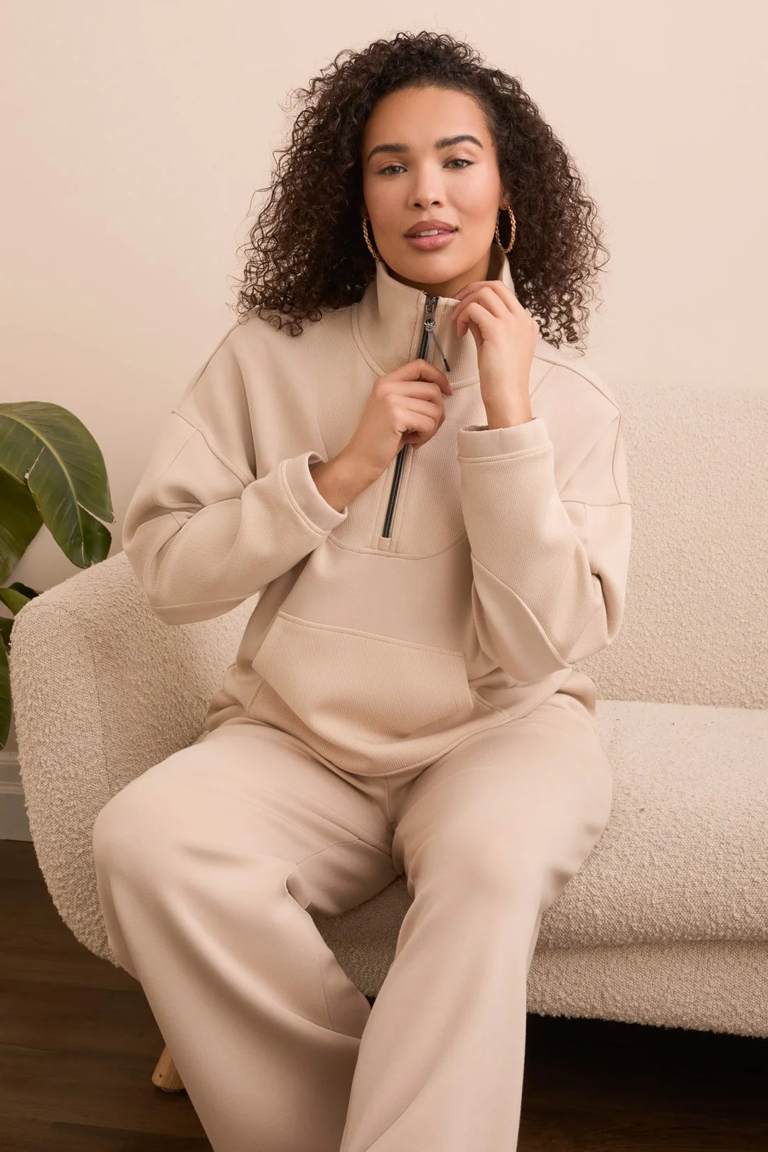 Tribal Techno Lux Zip-Accent Mock Neck Sweater in Moonstone