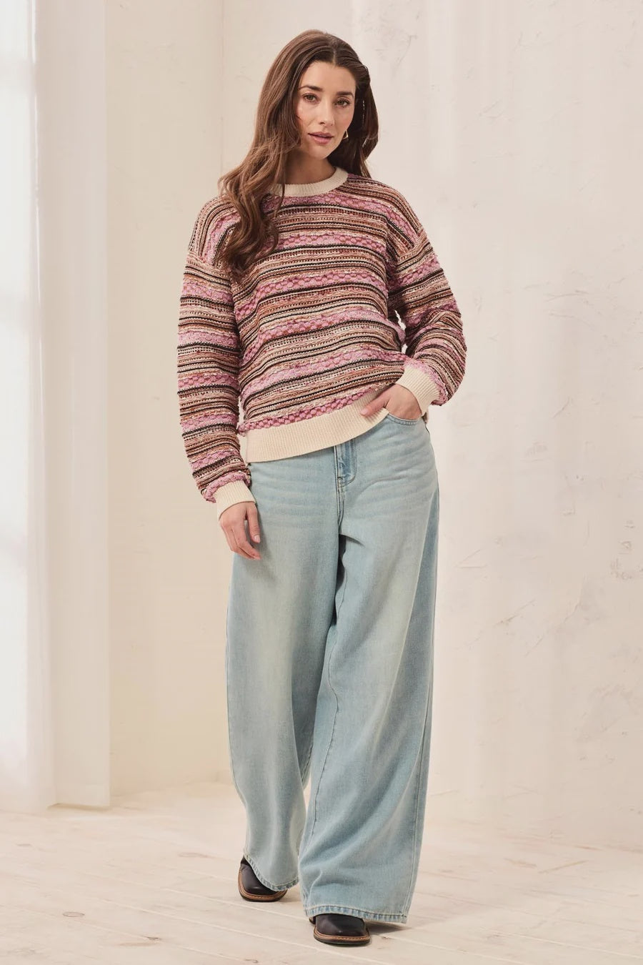 Tribal Textured Yarn Dye Stripe Crew Neck Sweater with Contrast Trim in Berry