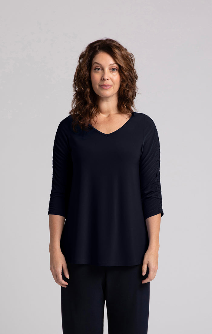 Sympli Revelry Top With Ruched Sleeve in Navy