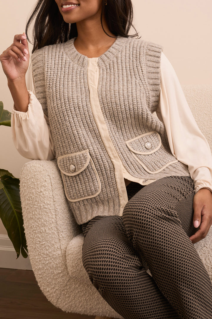 Tribal Sleeveless Pocket  Sweater Vest in Sandstone