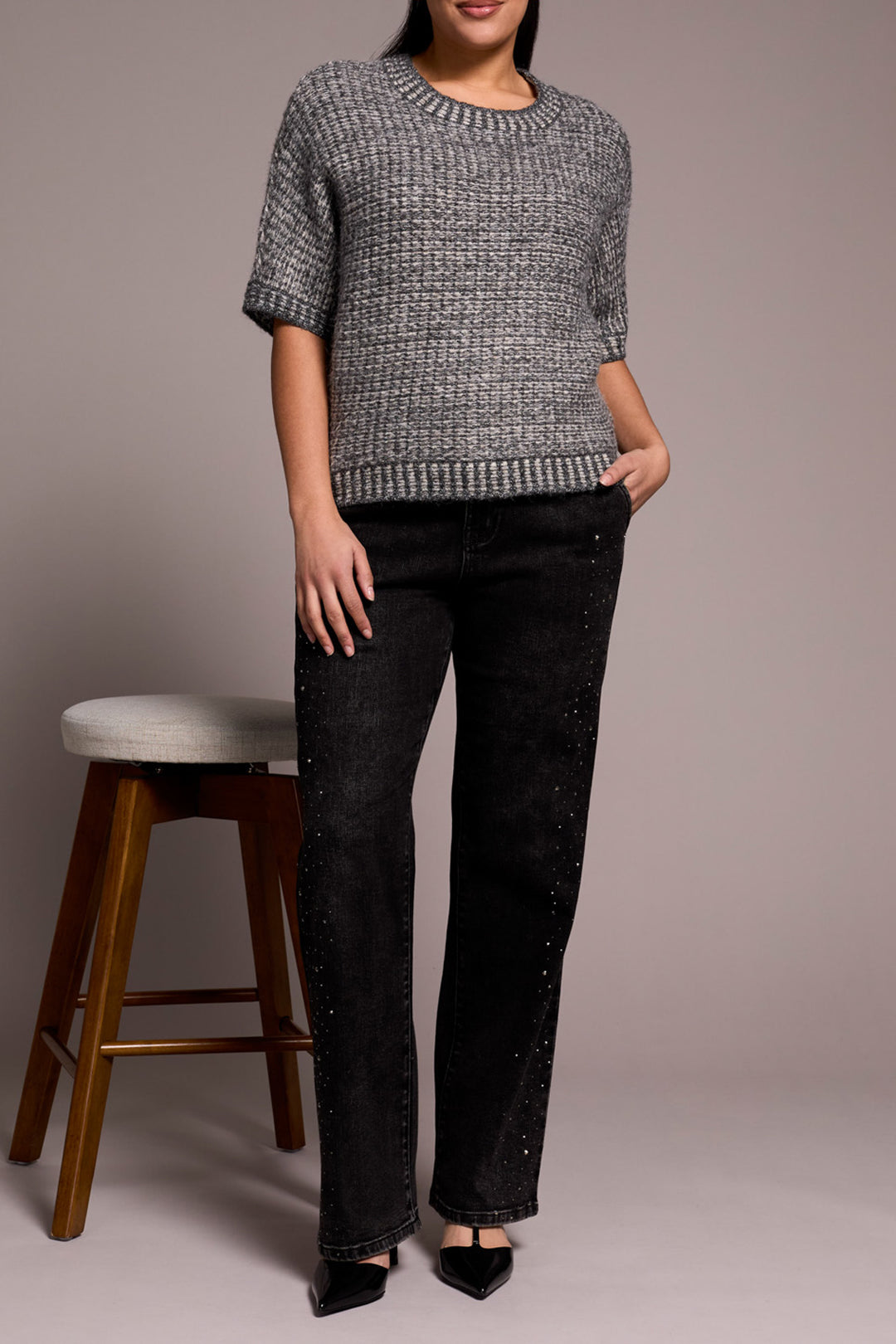 Tribal Crew Cap Sleave Sweater in Charcoal