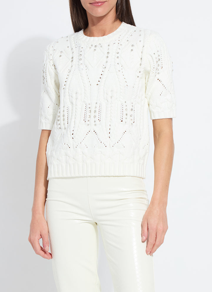 Lysse Hadley Cozy Short Sleeve Embellished Cable Sweater in Snow White