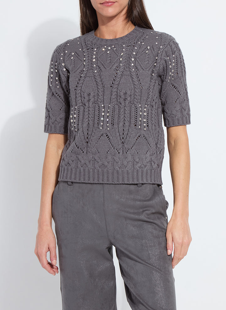 Lysse Hadley Cozy Short Sleeve Embellished Cable Sweater in Grey