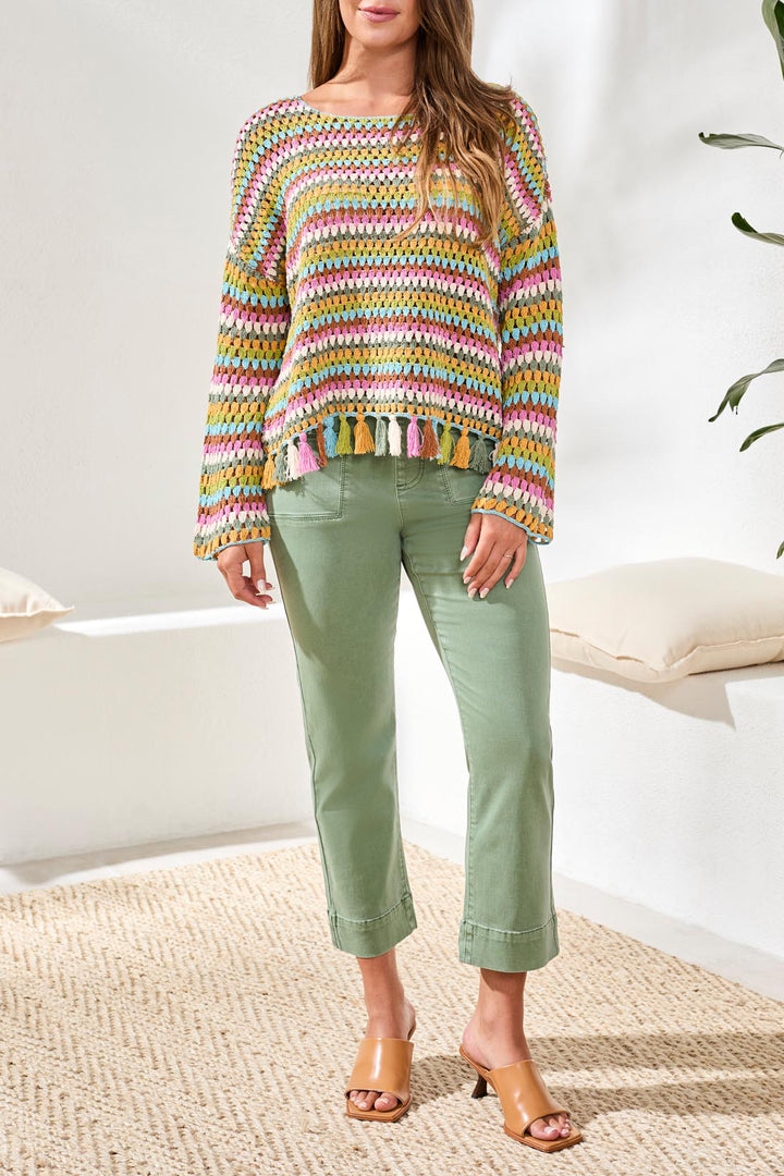 Tribal Long Sleeve Bell Sleeve Sweater in Aqua Sky