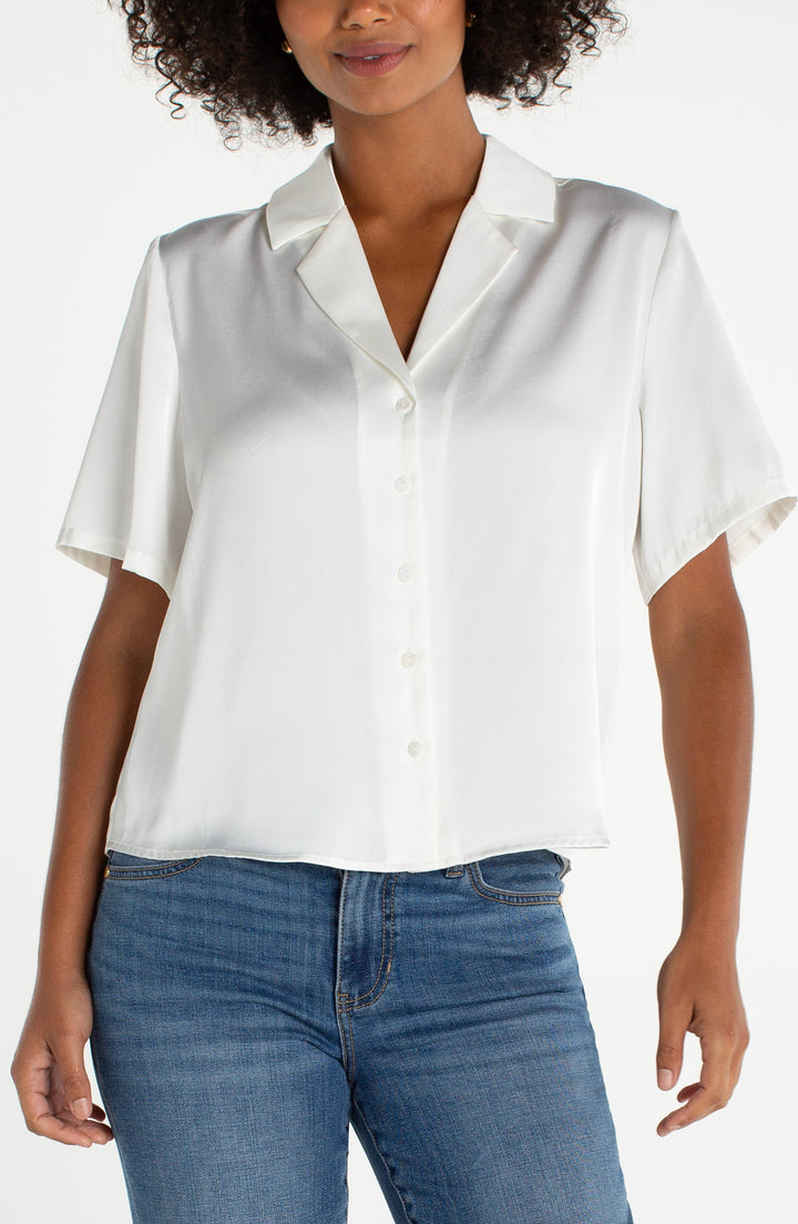 Liverpool Los Angeles Short Sleeve Camp Collar Woven Top in Whipped Cream