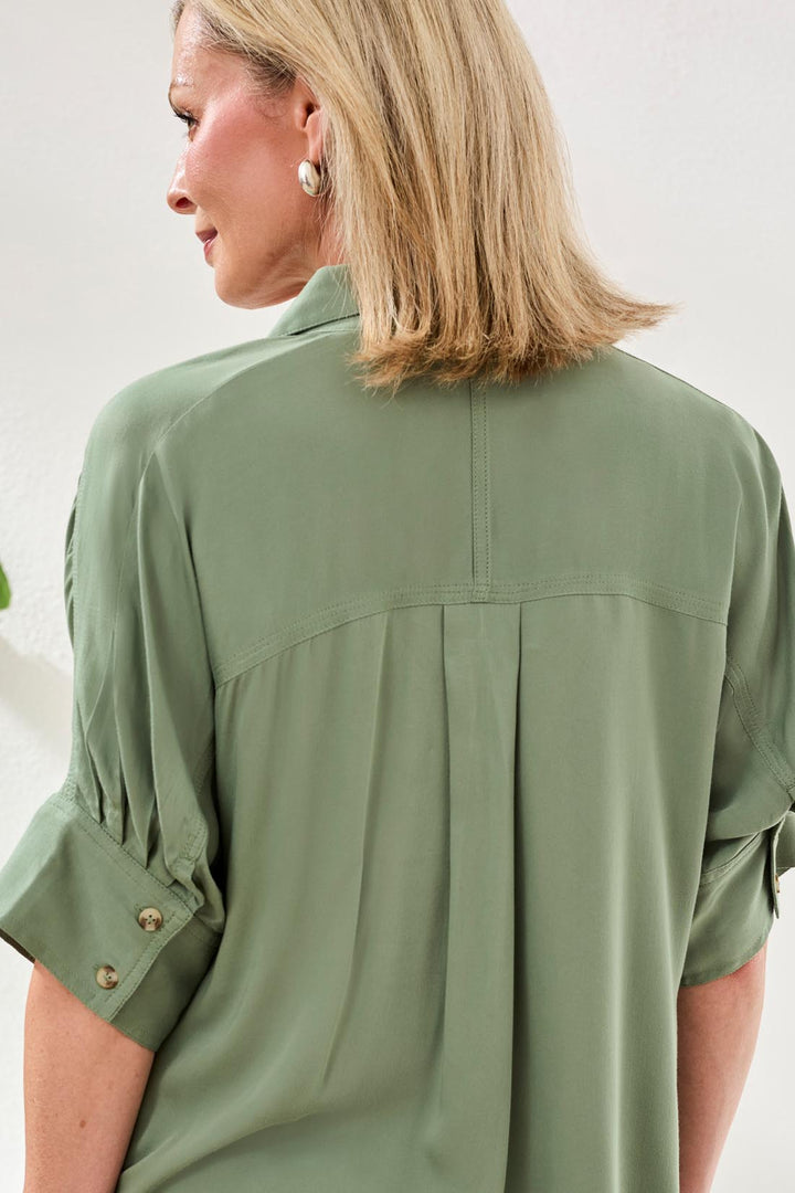 Tribal Elbow Sleeve Button Front Top in Moss