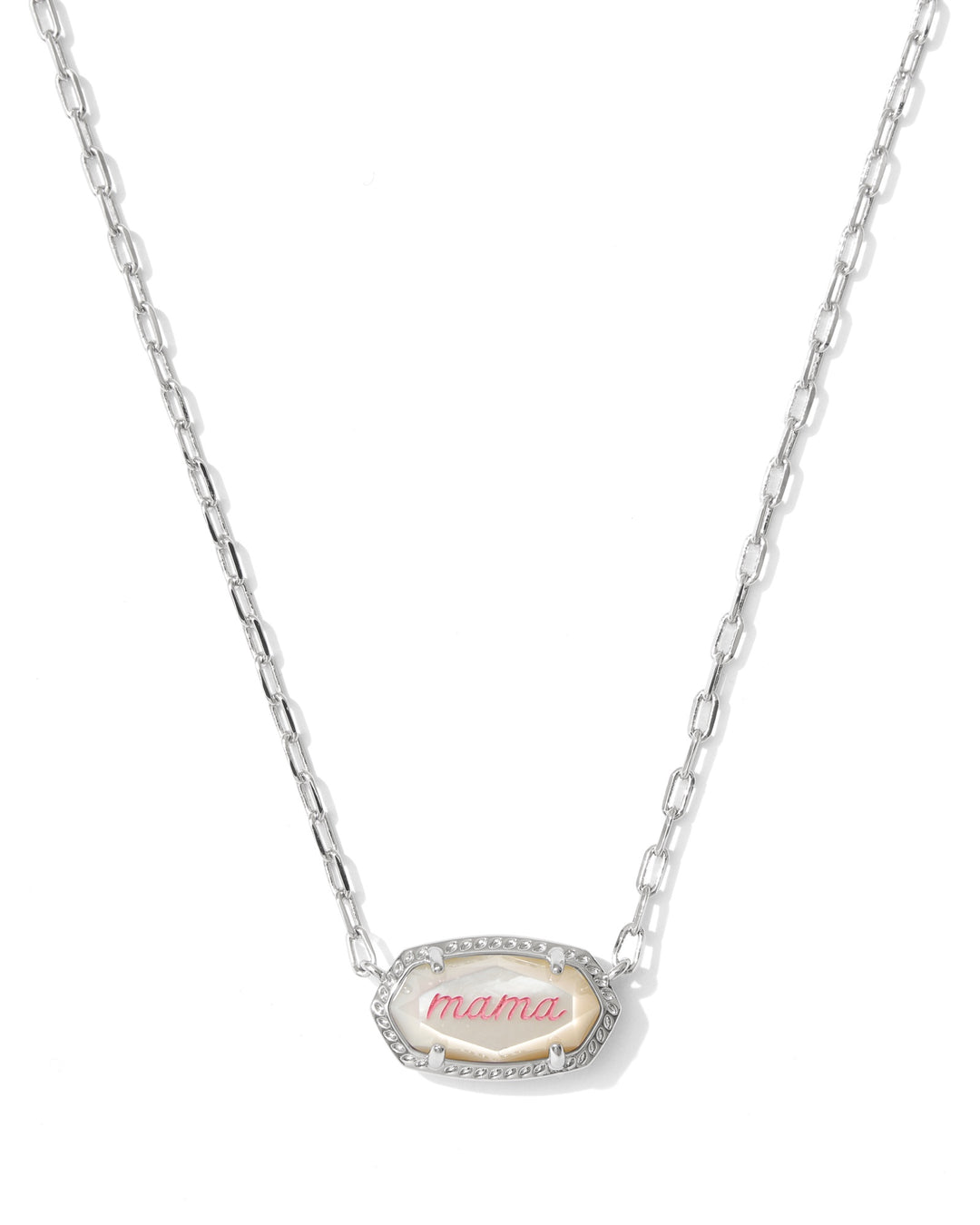 Kendra Scott Elisa Mama Script Short Pendant Necklace in Silver Ivory Mother Of Pearl