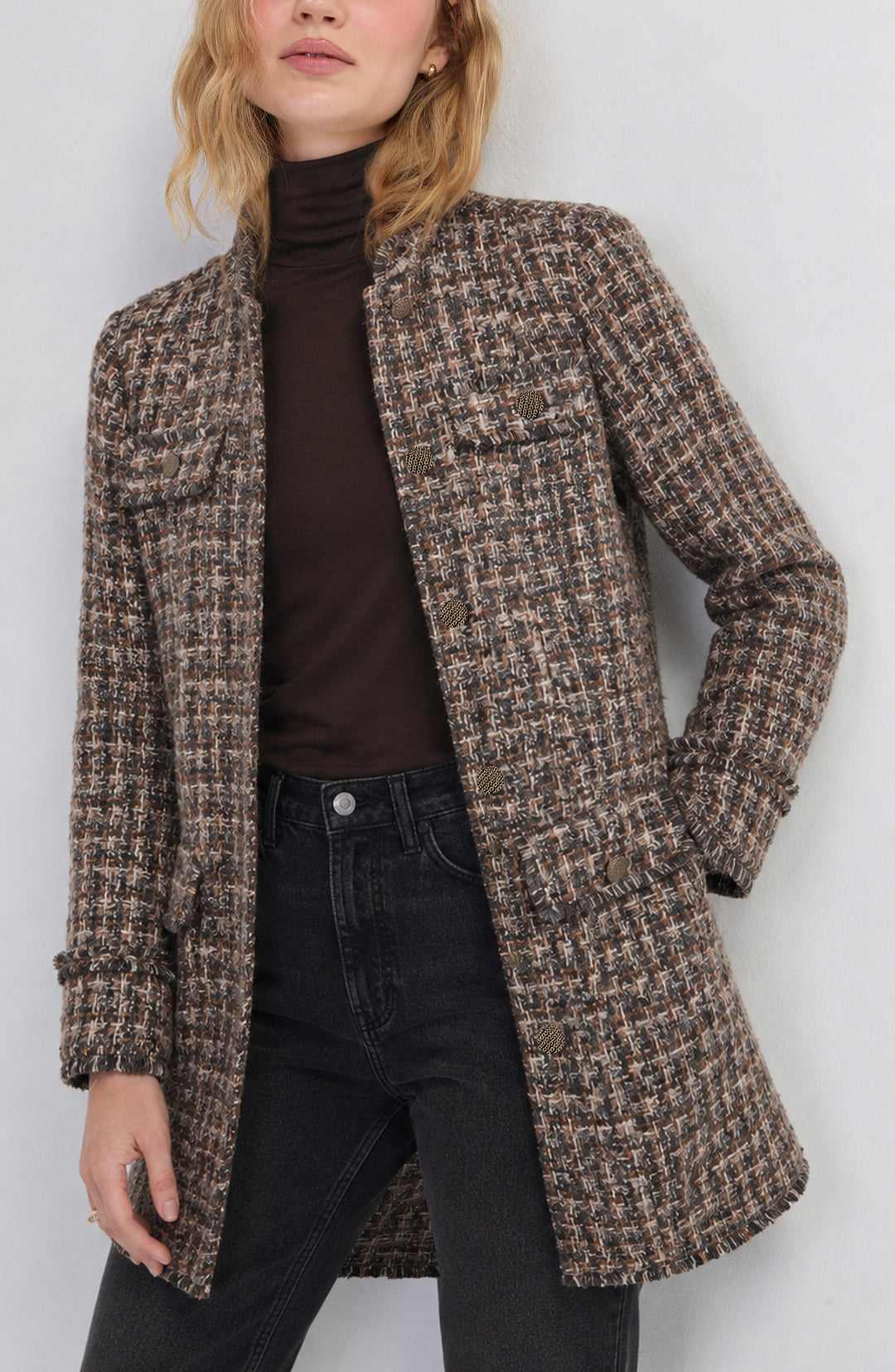 Liverpool Los Angeles Mandarin Collar Long Coat in Taupe Multi