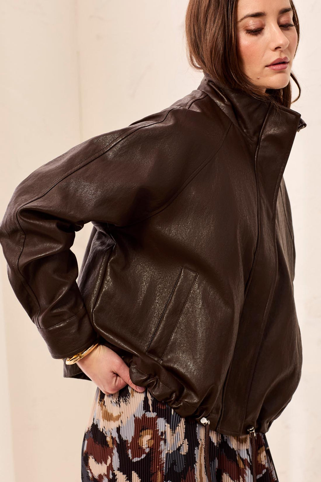 Tribal Relaxed Mock Neck Leather Jacket in Saddlebrown