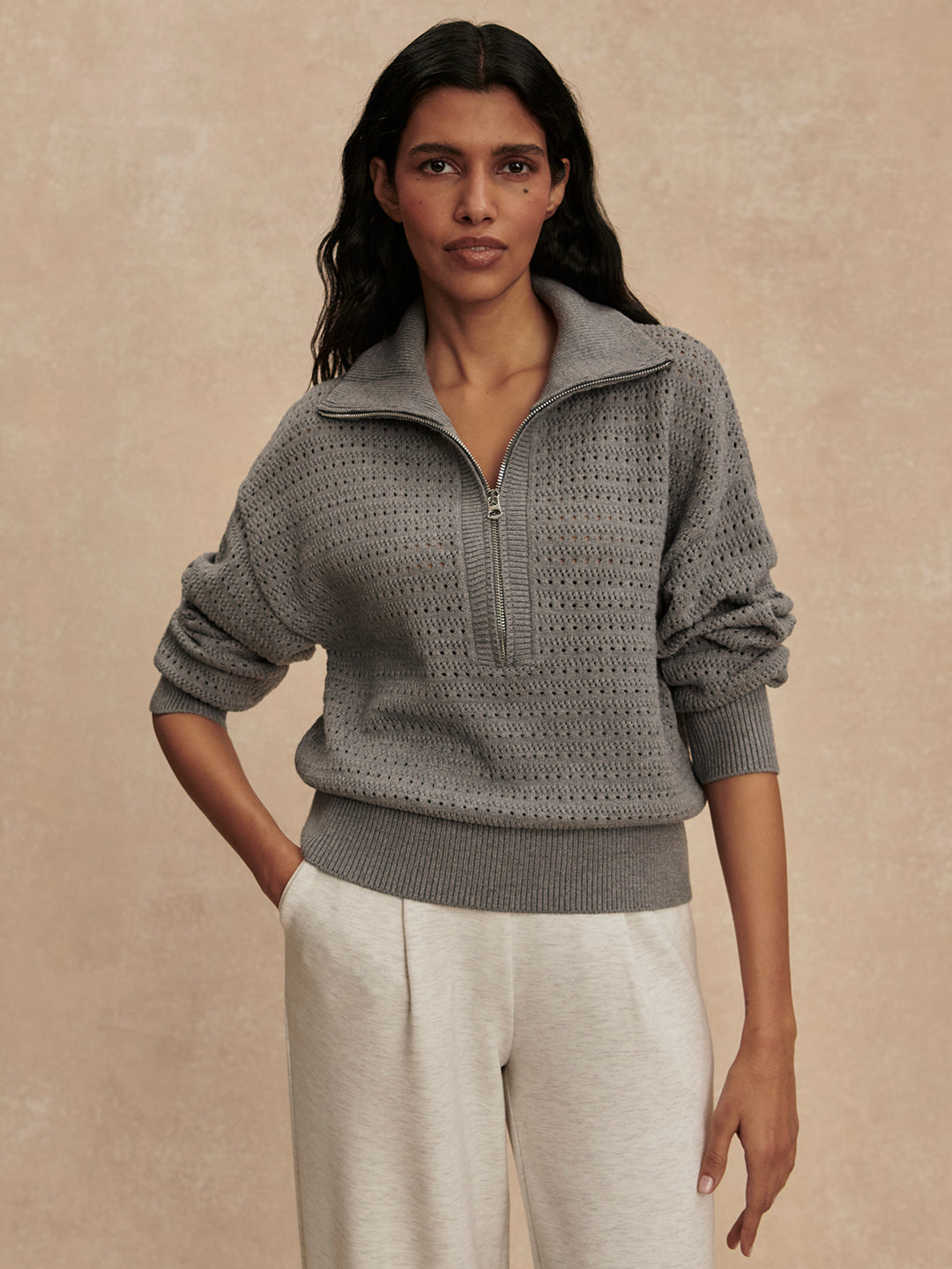 Varley Darla Half Zip Knit in Silver Filigree Melange