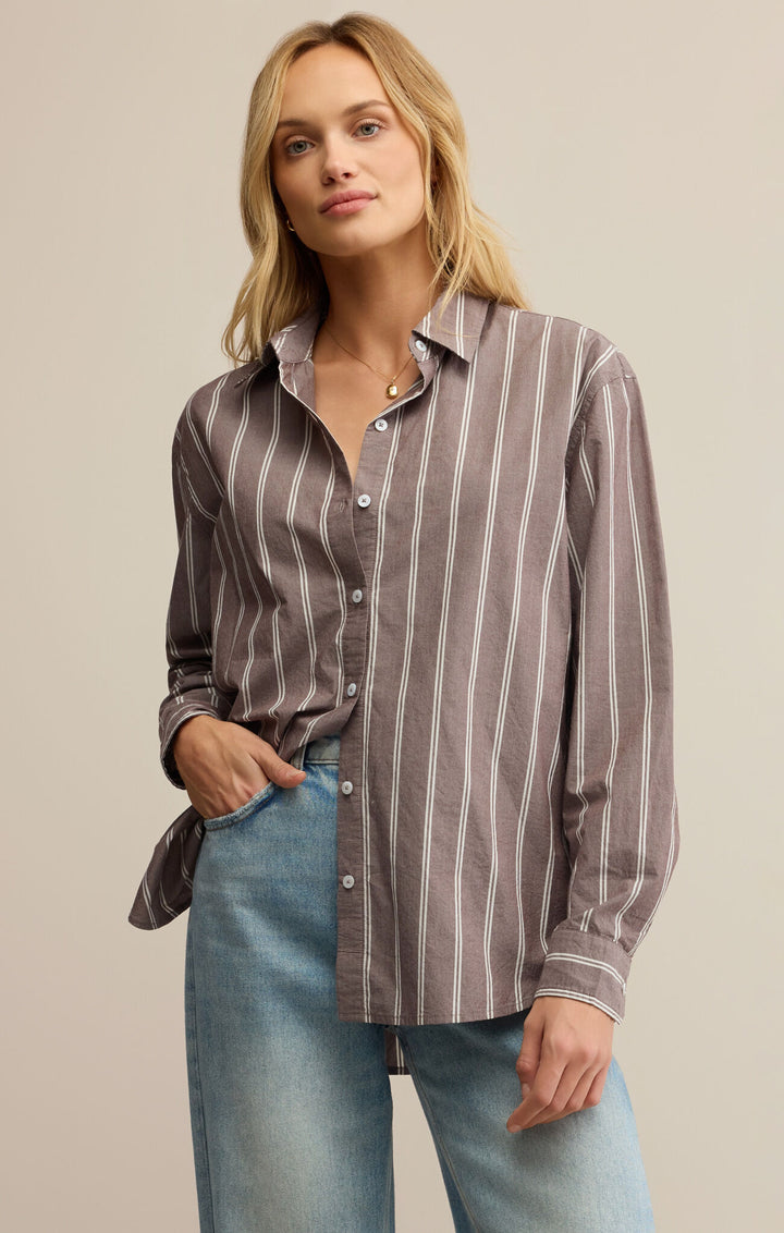 Z Supply Seaport Striped Poplin Shirt in Sandalwood