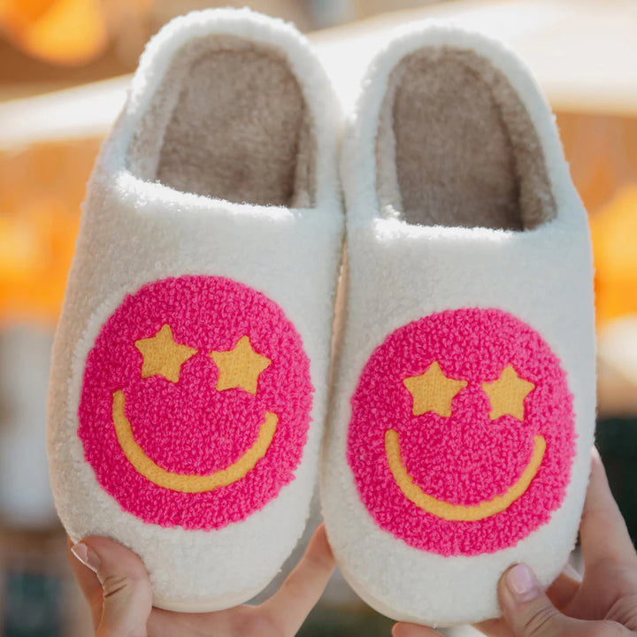 Hot Pink Star Eyed Happy Face Pattern Slippers