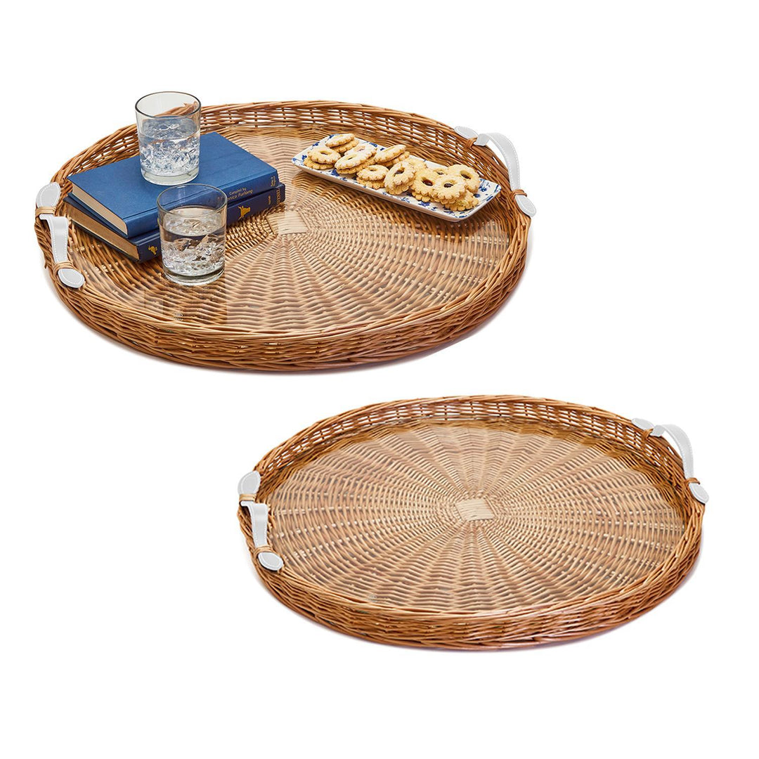 Round Hand-Crafted Wicker Trays with White Handles and Acrylic Insert
