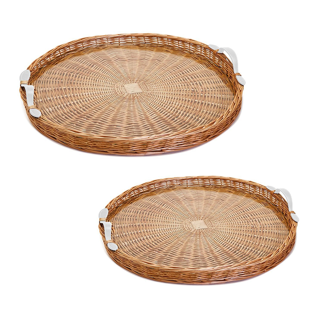 Round Hand-Crafted Wicker Trays with White Handles and Acrylic Insert