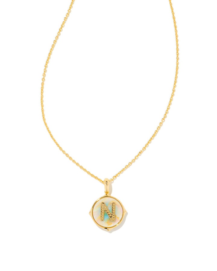 Kendra Scott Initial Gold Disc Pendant Necklace in Iridescent Abalone