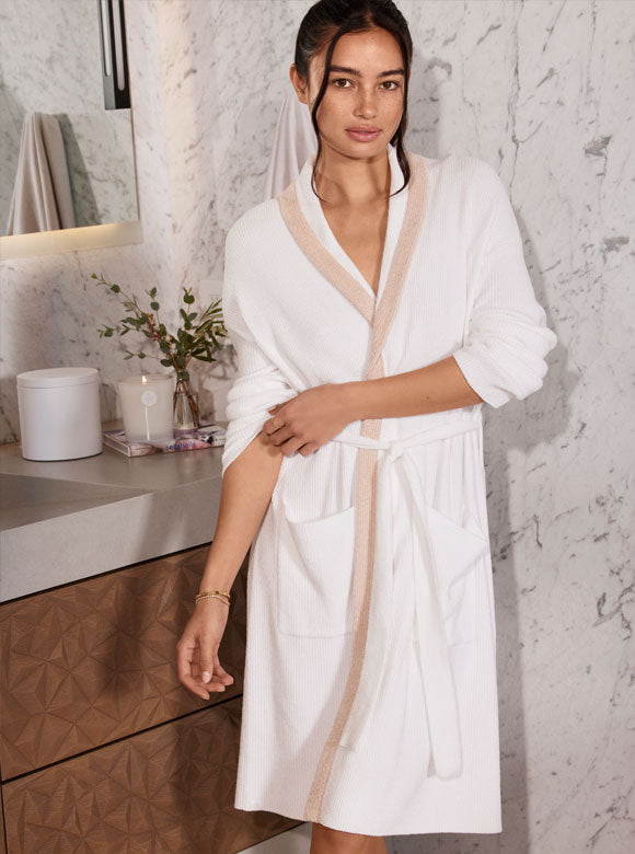 Barefoot Dreams CozyChic Ultra Lite® Tipped Ribbed Short Robe in Sea Salt