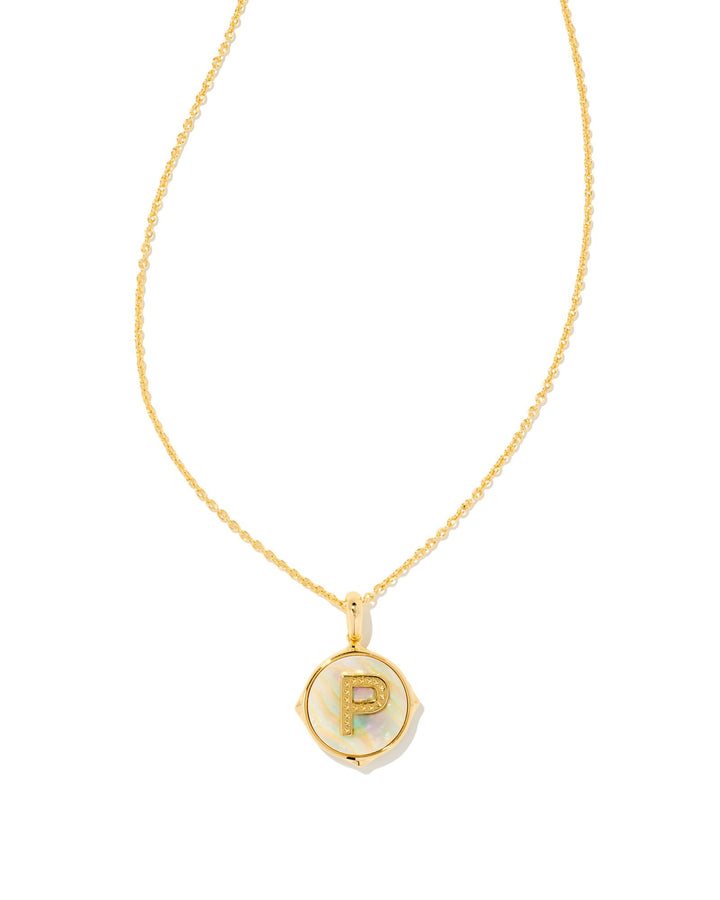 Kendra Scott Initial Gold Disc Pendant Necklace in Iridescent Abalone