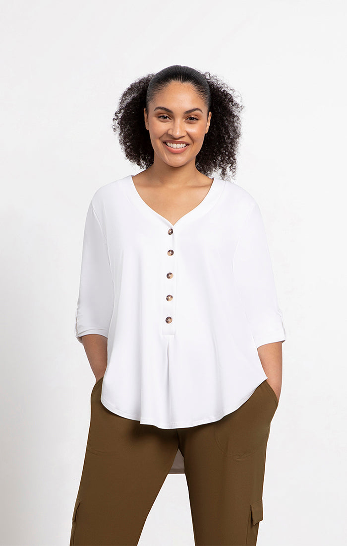Sympli Quest Henley 3/4 Sleeve Top in White